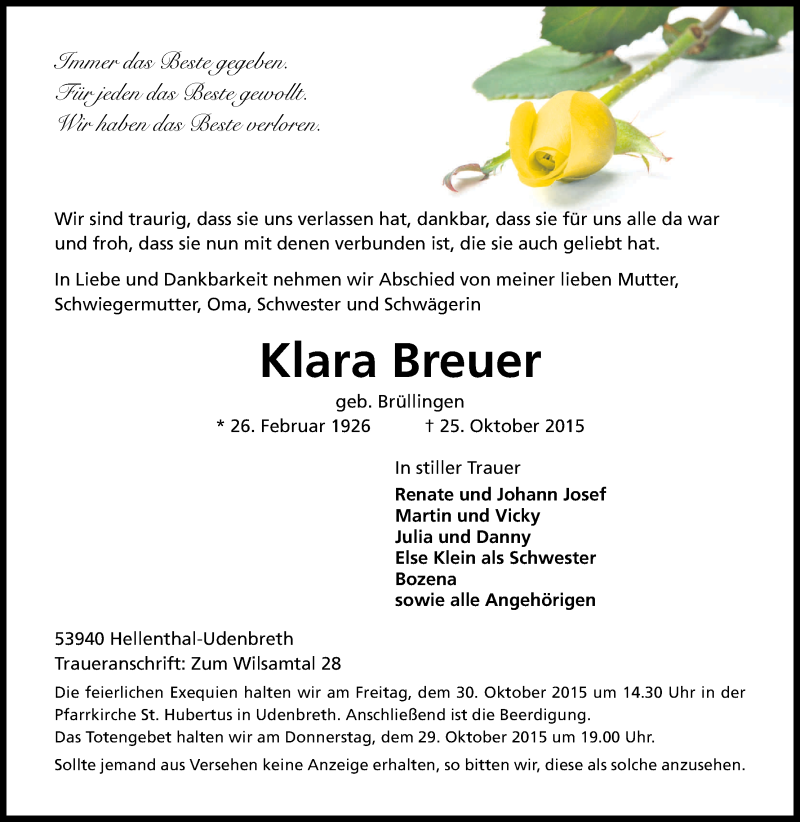  Traueranzeige für Klara Breuer vom 28.10.2015 aus Kölner Stadt-Anzeiger / Kölnische Rundschau / Express