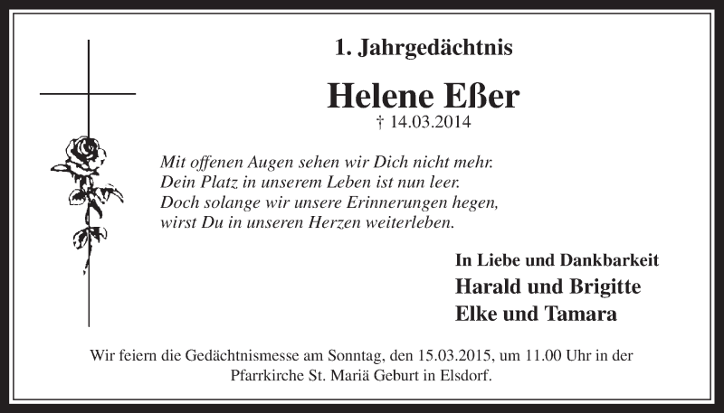  Traueranzeige für Helene Eßer vom 11.03.2015 aus  Werbepost 