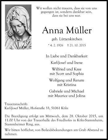 Anzeige von Anna Müller von Kölner Stadt-Anzeiger / Kölnische Rundschau / Express