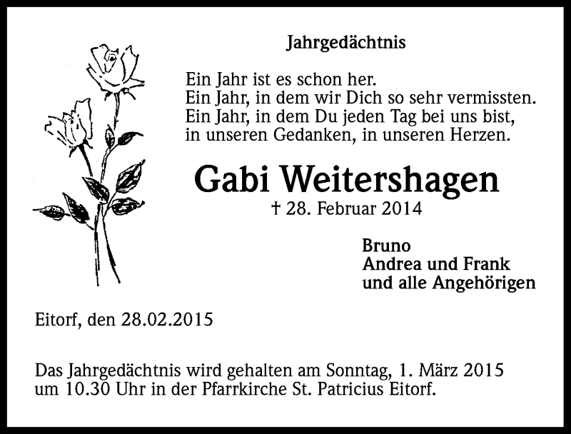  Traueranzeige für Gabriele Weitershagen vom 28.02.2015 aus Kölner Stadt-Anzeiger / Kölnische Rundschau / Express