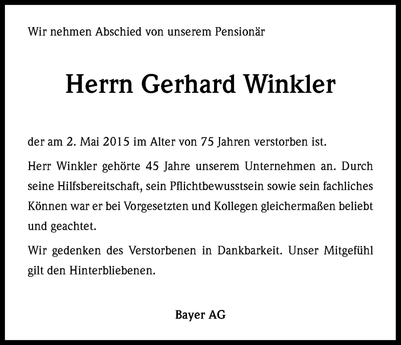  Traueranzeige für Gerhard Winkler vom 18.05.2015 aus Kölner Stadt-Anzeiger / Kölnische Rundschau / Express