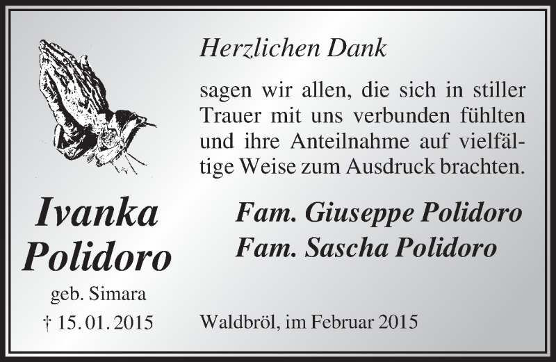  Traueranzeige für Ivanka Polidoro vom 25.02.2015 aus  Lokalanzeiger 