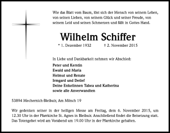 Anzeige von Wilhelm Schiffer von Kölner Stadt-Anzeiger / Kölnische Rundschau / Express