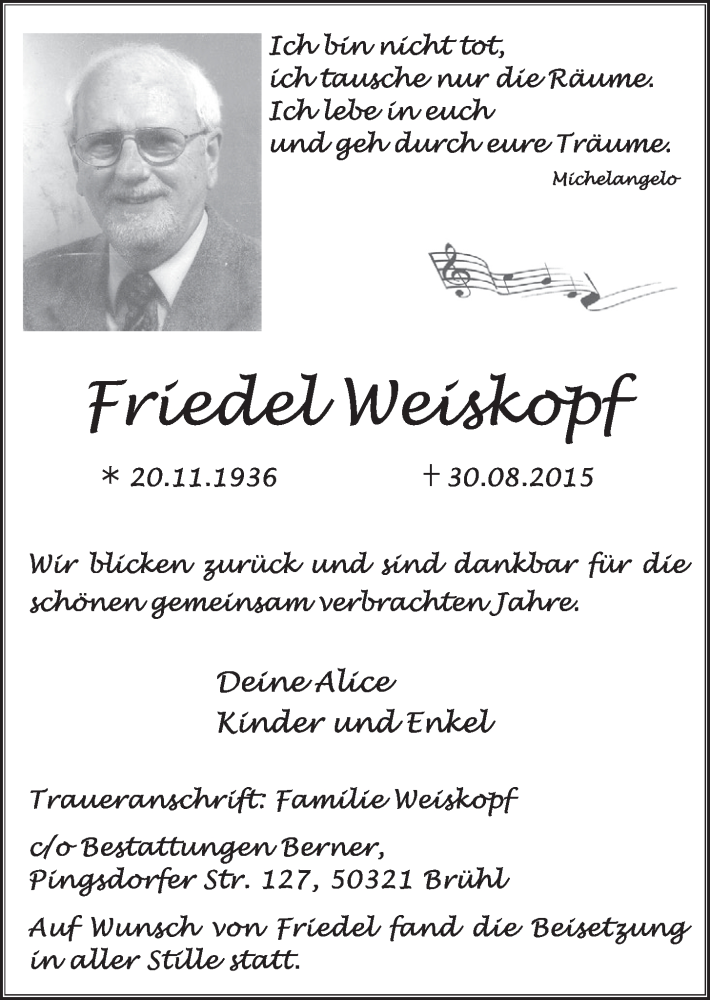  Traueranzeige für Friedel Weiskopf vom 16.09.2015 aus  Schlossbote/Werbekurier 