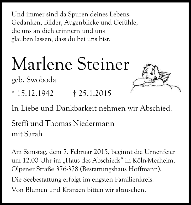  Traueranzeige für Marlene Steiner vom 04.02.2015 aus Kölner Stadt-Anzeiger / Kölnische Rundschau / Express