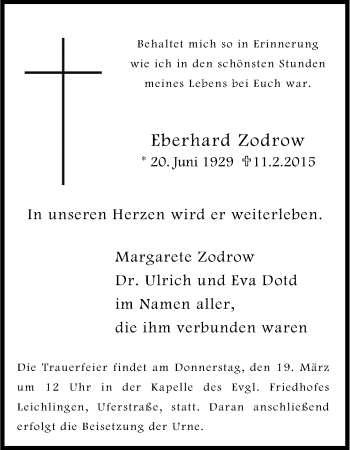 Anzeige von Eberhard Zodrow von Kölner Stadt-Anzeiger / Kölnische Rundschau / Express