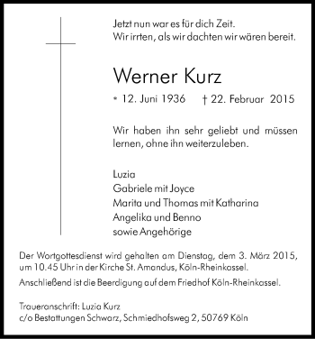 Anzeige von Werner Kurz von Kölner Stadt-Anzeiger / Kölnische Rundschau / Express