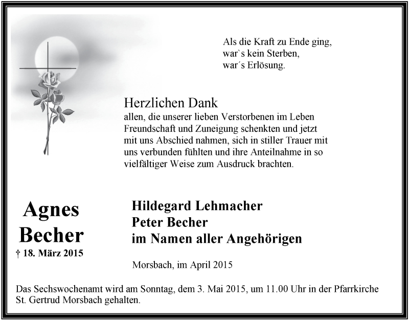  Traueranzeige für Agnes Becher vom 22.04.2015 aus  Lokalanzeiger 