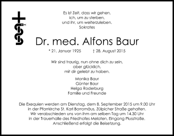 Anzeige von Alfons Baur von Kölner Stadt-Anzeiger / Kölnische Rundschau / Express