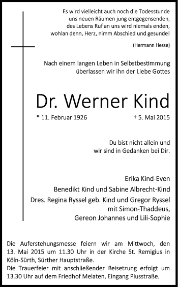 Anzeige von Werner  Kind von Kölner Stadt-Anzeiger / Kölnische Rundschau / Express