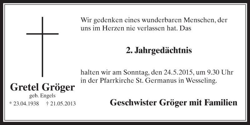  Traueranzeige für Gretel Gröger vom 20.05.2015 aus  Schlossbote/Werbekurier 