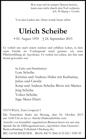 Anzeige von Ulrich Scheibe von Kölner Stadt-Anzeiger / Kölnische Rundschau / Express