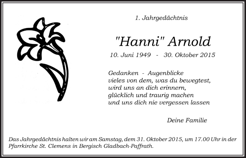  Traueranzeige für Hanni Arnold vom 28.10.2015 aus  Bergisches Handelsblatt 
