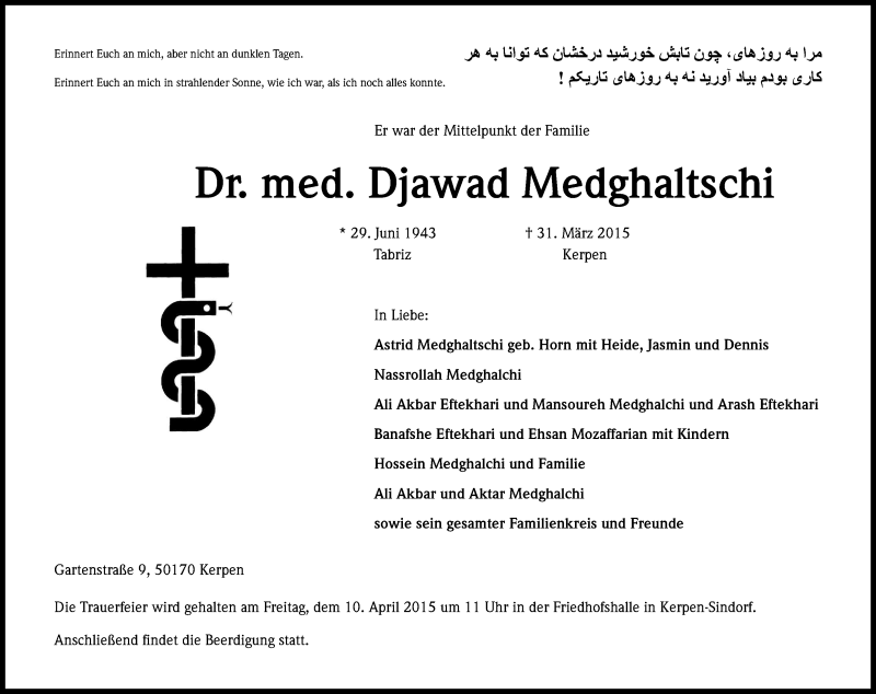 Traueranzeige für Djawad Medghaltschi vom 04.04.2015 aus Kölner Stadt-Anzeiger / Kölnische Rundschau / Express