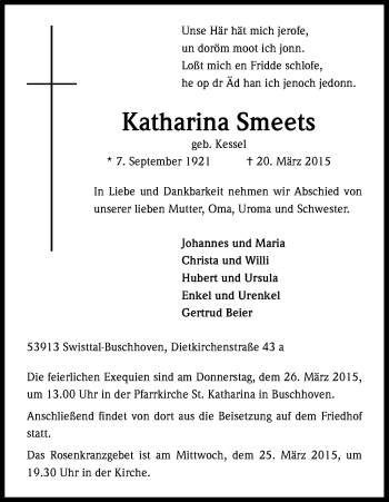 Anzeige von Katharina Smeets von Kölner Stadt-Anzeiger / Kölnische Rundschau / Express