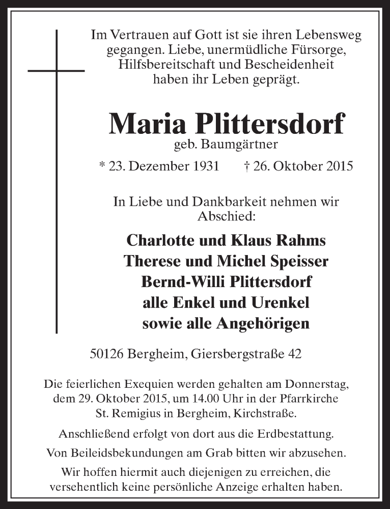 Traueranzeige für Maria Plittersdorf vom 28.10.2015 aus  Werbepost 