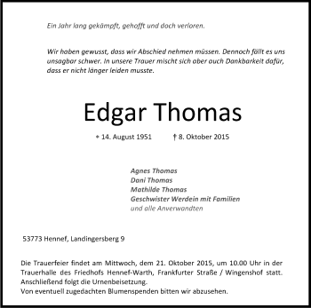 Anzeige von Edgar Thomas von Kölner Stadt-Anzeiger / Kölnische Rundschau / Express