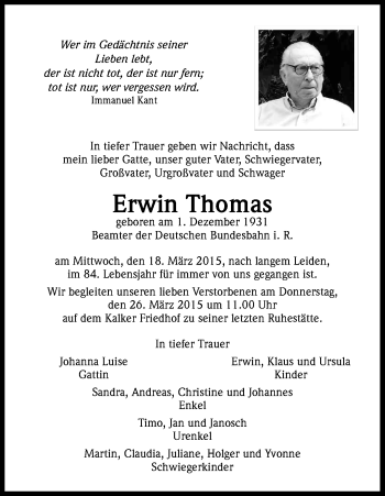 Anzeige von Erwin Thomas von Kölner Stadt-Anzeiger / Kölnische Rundschau / Express