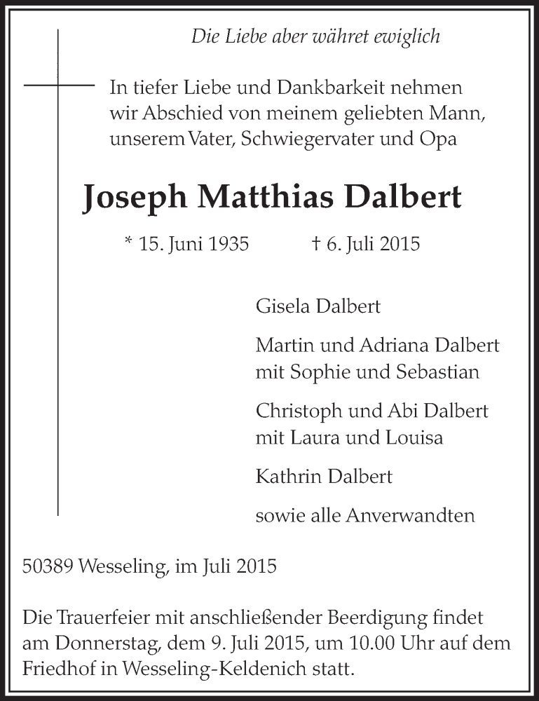 Traueranzeige für Joseph Matthias Dalbert vom 08.07.2015 aus  Schlossbote/Werbekurier 