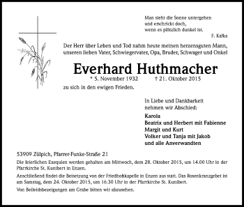 Anzeige von Everhard Huthmacher von Kölner Stadt-Anzeiger / Kölnische Rundschau / Express