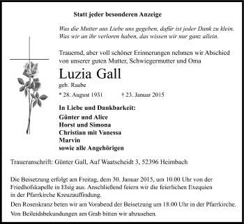 Anzeige von Luzia Gall von Kölner Stadt-Anzeiger / Kölnische Rundschau / Express