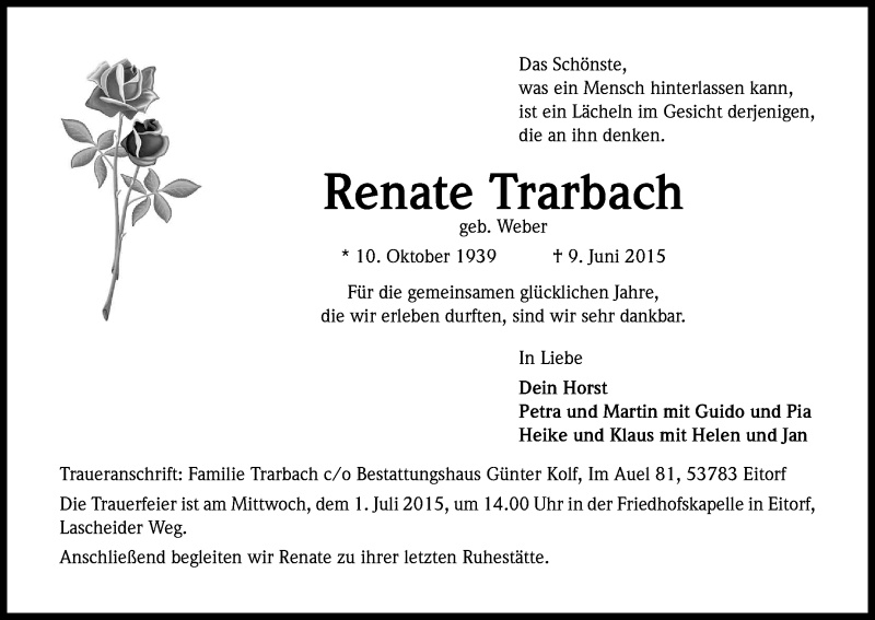  Traueranzeige für Renate Trarbach vom 20.06.2015 aus Kölner Stadt-Anzeiger / Kölnische Rundschau / Express