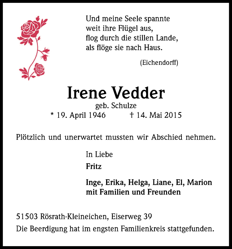  Traueranzeige für Irene Vedder vom 23.05.2015 aus Kölner Stadt-Anzeiger / Kölnische Rundschau / Express