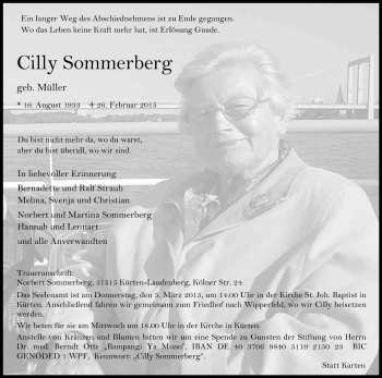 Anzeige von Cilly Sommerberg von Kölner Stadt-Anzeiger / Kölnische Rundschau / Express