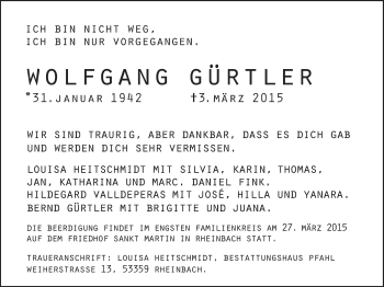 Anzeige von Wolfgang Gürtler von  Schaufenster/Blickpunkt 