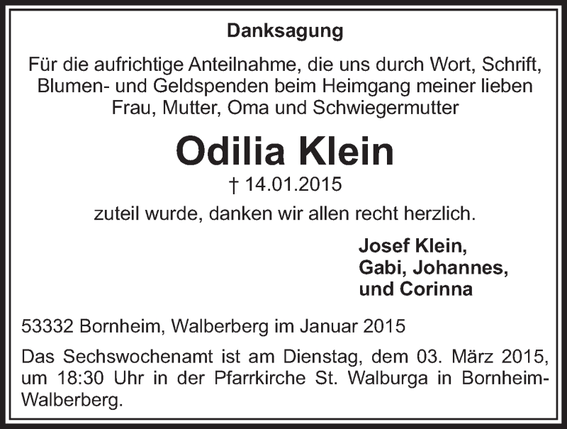  Traueranzeige für Odilia Klein vom 18.02.2015 aus  Schaufenster/Blickpunkt  Schlossbote/Werbekurier 