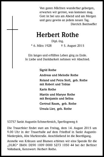 Anzeige von Herbert Rothe von Kölner Stadt-Anzeiger / Kölnische Rundschau / Express