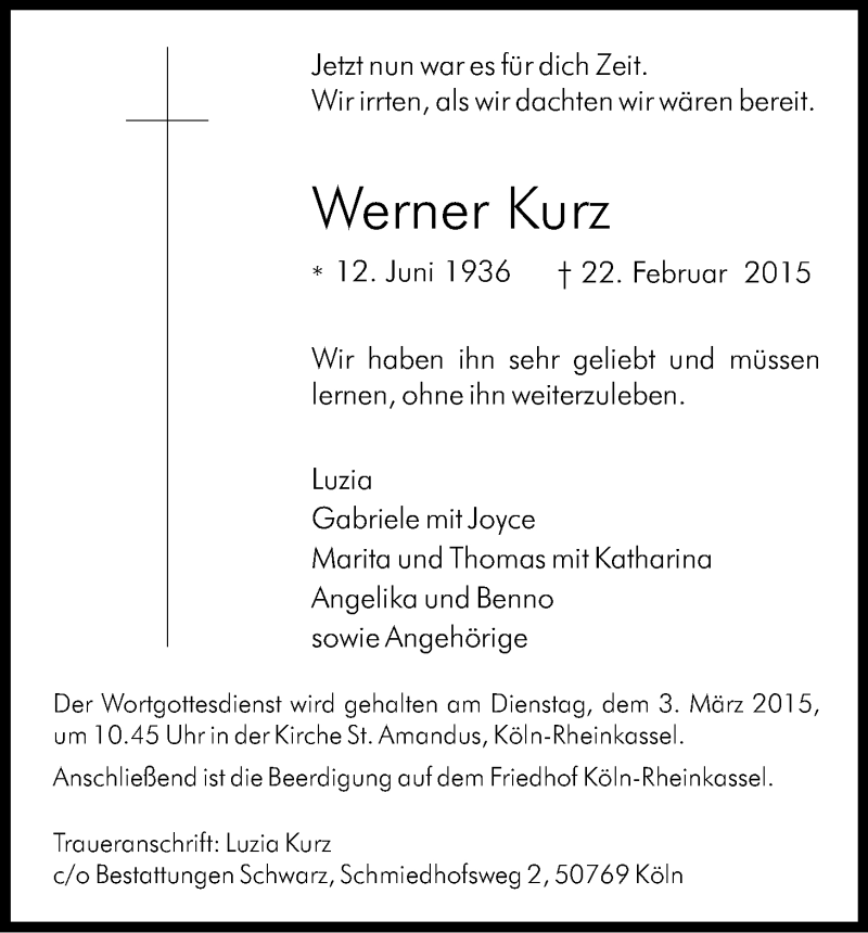  Traueranzeige für Werner Kurz vom 28.02.2015 aus Kölner Stadt-Anzeiger / Kölnische Rundschau / Express