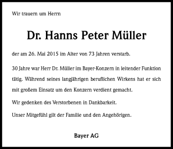 Anzeige von Hanns Peter Müller von Kölner Stadt-Anzeiger / Kölnische Rundschau / Express