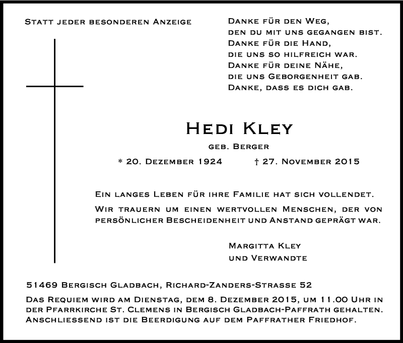  Traueranzeige für Heidi Kley vom 02.12.2015 aus Kölner Stadt-Anzeiger / Kölnische Rundschau / Express