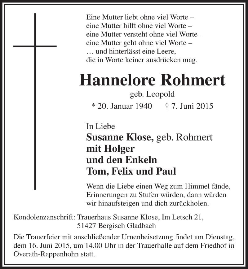  Traueranzeige für Hannelore Rohmert vom 10.06.2015 aus  Bergisches Handelsblatt 