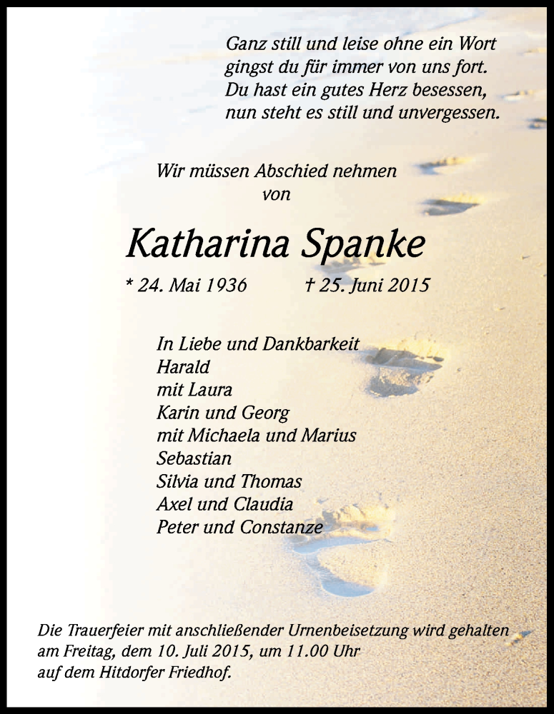  Traueranzeige für Katharina Spanke vom 04.07.2015 aus Kölner Stadt-Anzeiger / Kölnische Rundschau / Express