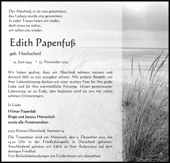 Anzeige von Edith Papenfuß von Kölner Stadt-Anzeiger / Kölnische Rundschau / Express