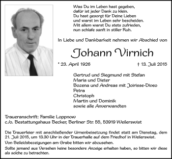 Anzeige von Johann Virnich von  Blickpunkt Euskirchen 