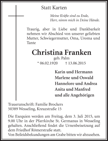 Anzeige von Christina Franken von  Schlossbote/Werbekurier 