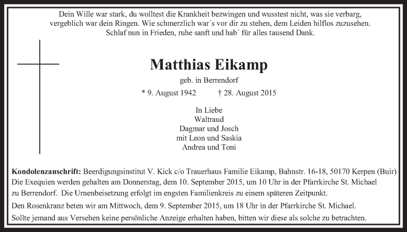  Traueranzeige für Matthias Eikamp vom 05.09.2015 aus  Sonntags-Post 