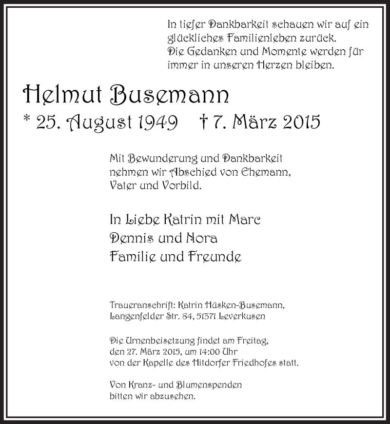  Traueranzeige für Helmut Busemann vom 18.03.2015 aus  Lokale Informationen 