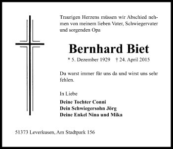 Anzeige von Bernhard Biet von Kölner Stadt-Anzeiger / Kölnische Rundschau / Express