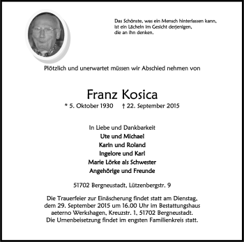 Anzeige von Franz Kosica von Kölner Stadt-Anzeiger / Kölnische Rundschau / Express