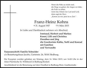 Anzeige von Franz-Heinz Kohns von Kölner Stadt-Anzeiger / Kölnische Rundschau / Express