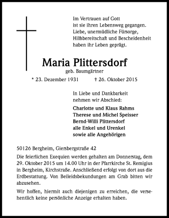 Anzeige von Maria Plittersdorf von Kölner Stadt-Anzeiger / Kölnische Rundschau / Express