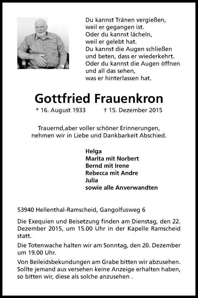  Traueranzeige für Gottfried Frauenkron vom 18.12.2015 aus Kölner Stadt-Anzeiger / Kölnische Rundschau / Express