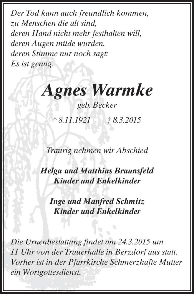  Traueranzeige für Agnes Warmke vom 18.03.2015 aus  Schlossbote/Werbekurier 