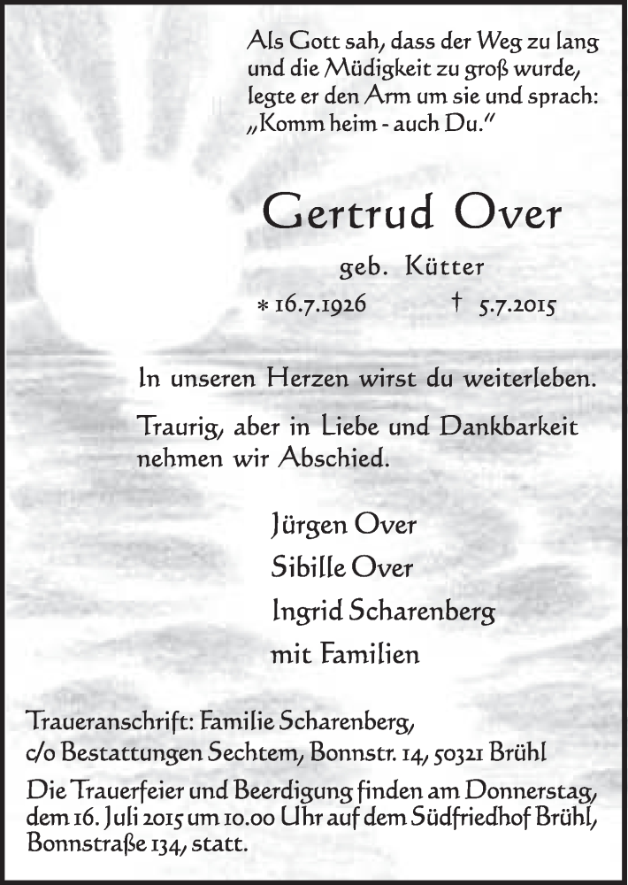  Traueranzeige für Gertrud Over vom 15.07.2015 aus  Schlossbote/Werbekurier 
