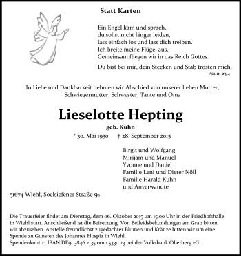 Anzeige von Lieselotte Hepting von Kölner Stadt-Anzeiger / Kölnische Rundschau / Express