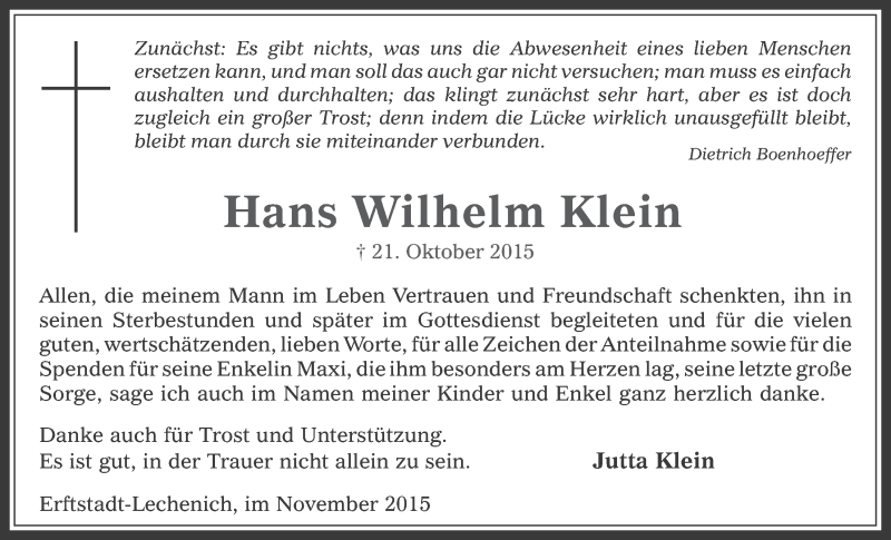  Traueranzeige für Hans Wilhelm Klein vom 18.11.2015 aus  Werbepost 